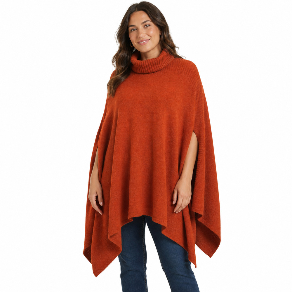 Lou & Grey Orange Turtleneck Asymmetrical Poncho Wool Blend Sweater sz One Size